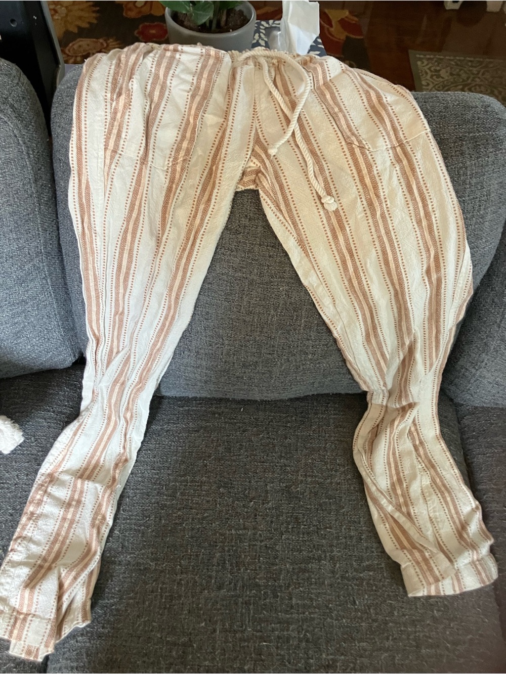 Roxy Lightweight Cream and Tan Striped Drawstring Pants